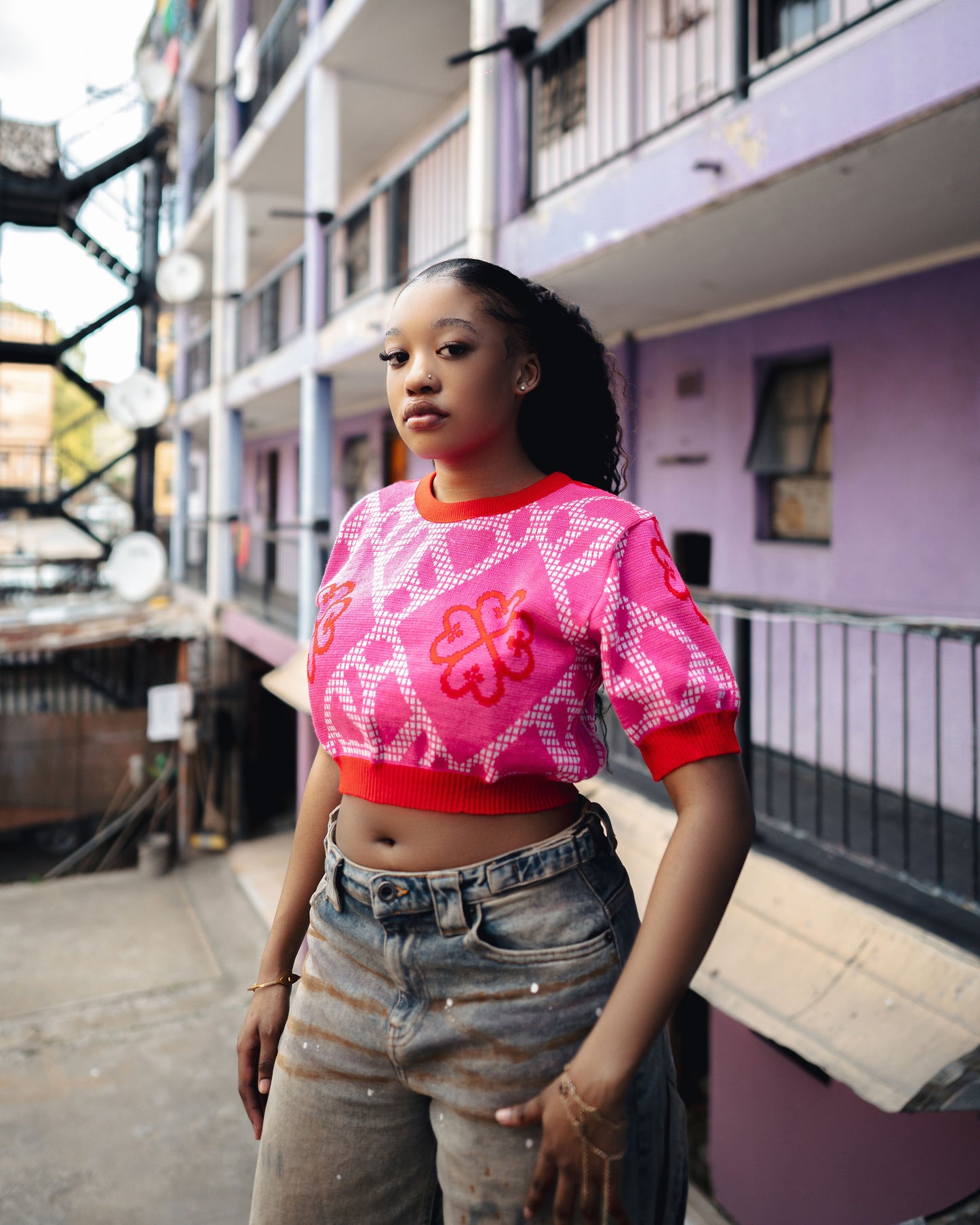 TREE OF LIFE CROP TOP - CERISE PINK/WHITE/CHILLY